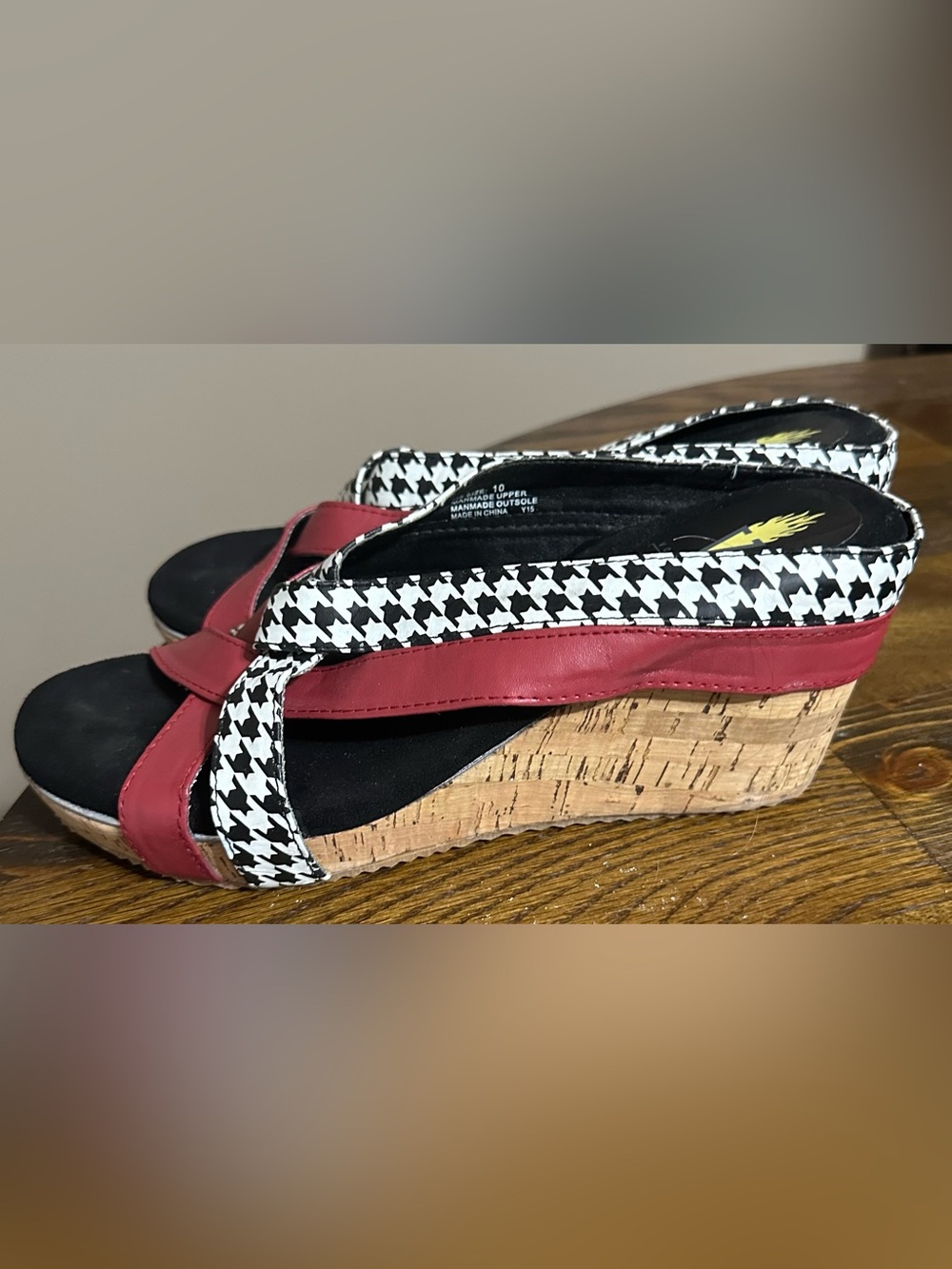 Volatile Red and Black Houndstooth Cork Wedges